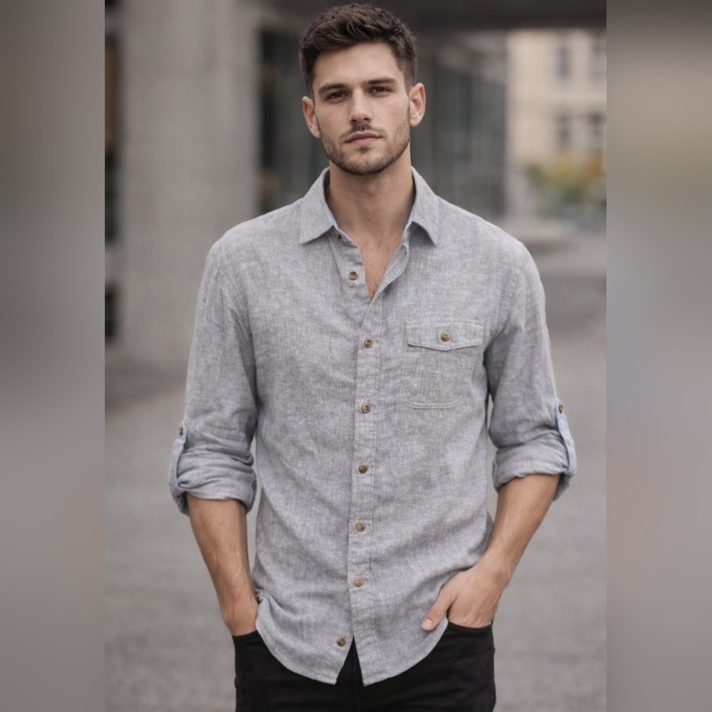 Broletto Linen Blend Button-up Shirt Roll Tab Half Sleeve or Longsleeve Men's S